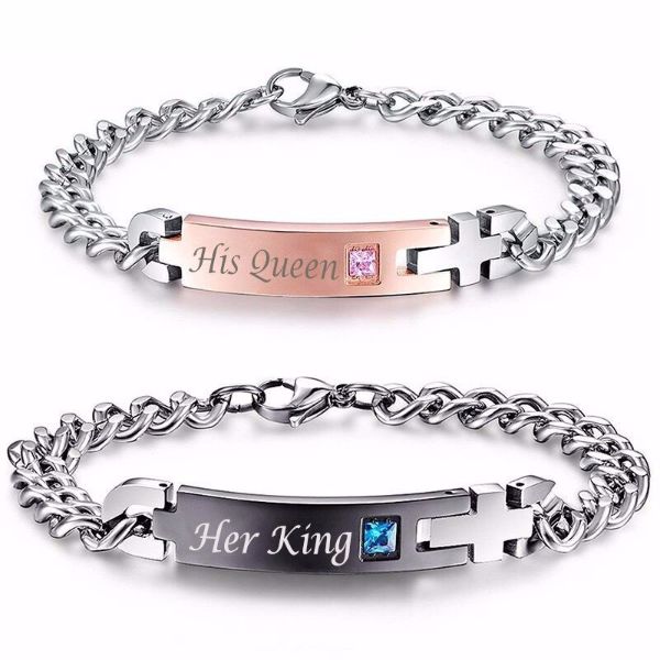 'His Queen' and 'Her King' Couple Chain Bracelets